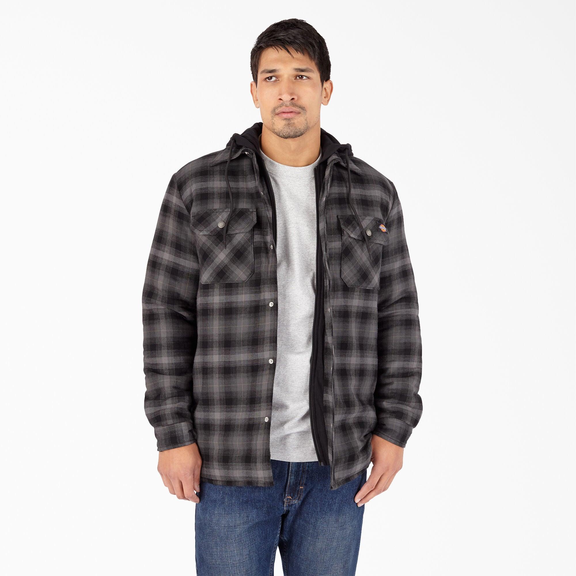 Water Repellent Flannel Hooded Shirt Jacket, Black Ombre Plaid