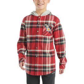 Youth Boys Long Sleeve Flannel Button Front Hooded Shirt - Chili Pepper