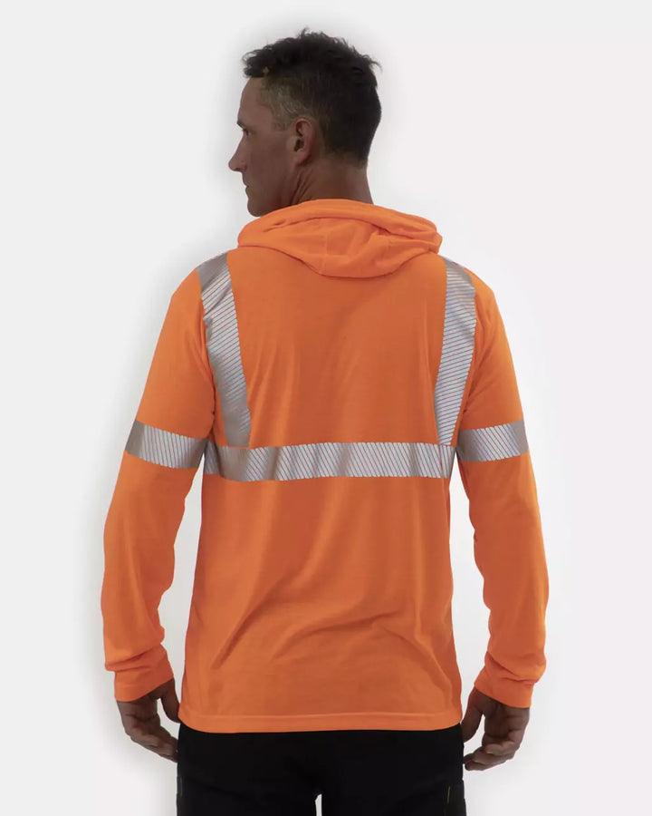 Men's ANSI Hi-Vis UPF Hooded Long Sleeve T-Shirt - HiVis Orange - Purpose-Built / Home of the Trades