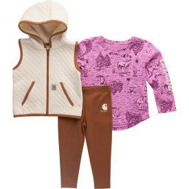 Infant/Toddler Girls Long-Sleeve Horse Print T-Shirt, Sherpa Hooded Vest and Leggings 3pc Set