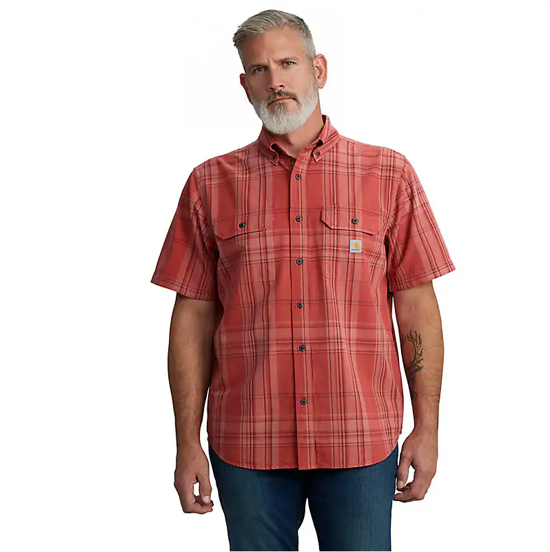 Loose Fit Midweight Short-Sleeved Plaid Shirt - Crimson Moss