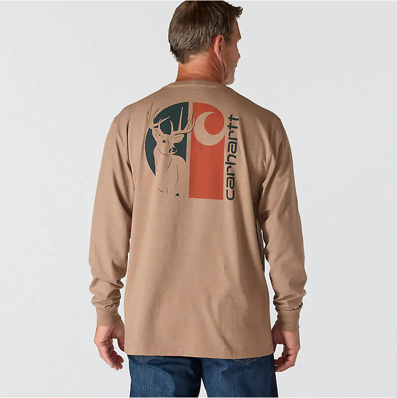 Loose Fit Heavyweight Long-Sleeve Pocket Deer Graphic T-Shirt - Soft Sepia Heather