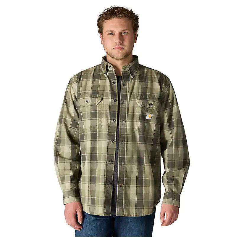 Loose Fit Midweight Chambray Long-Sleeve Plaid Shirt - Dusty Olive