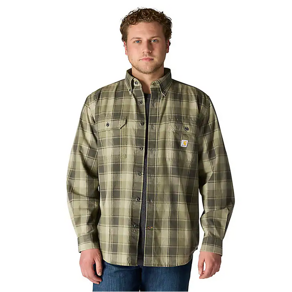 Loose Fit Midweight Chambray Long-Sleeve Plaid Shirt - Dusty Olive