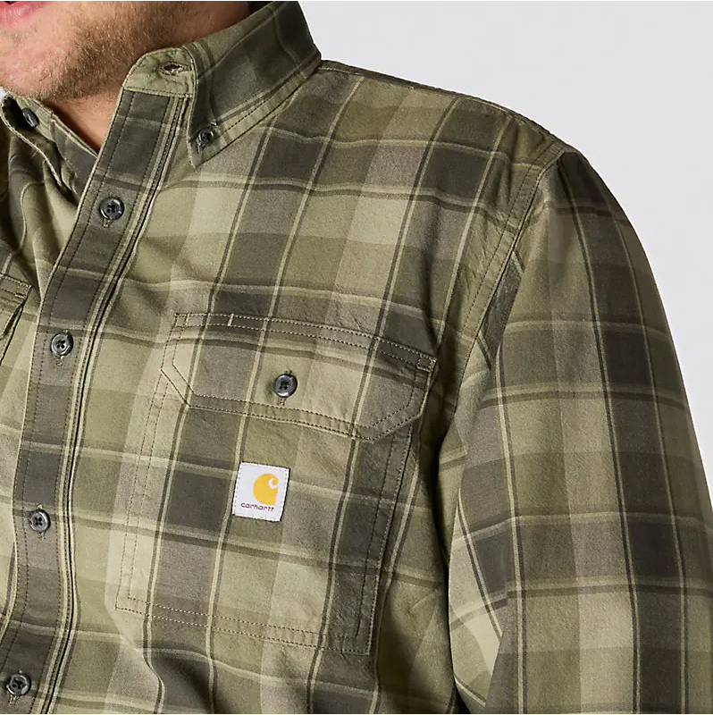 Loose Fit Midweight Chambray Long-Sleeve Plaid Shirt - Dusty Olive