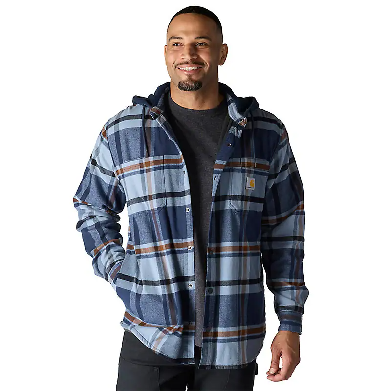 Rugged Flex Relaxed Fit Flannel Fleece Lined Hooded Shirt Jacket - Navy