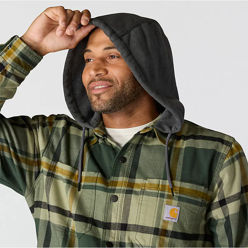 Rugged Flex Relaxed Fit Flannel Fleece Lined Hooded Shirt Jacket - Forestry Green