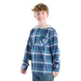 Youth Boys Long-Sleeve Flannel Button-Front Hooded Shirt - Dark Denim
