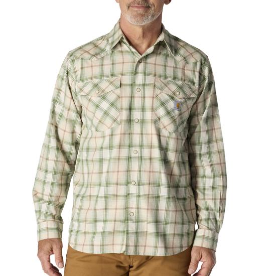 Montana Rugged Flex Relaxed Fit Lightweight L/S Snap-Front Plaid Shirt-Oat Milk