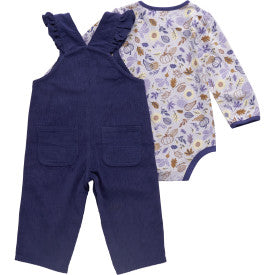 Infant/Toddler Girls Long-Sleeve Bodysuit/T-Shirt and Ruffle Trim Corduroy Overall Set - Navy Blue