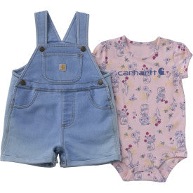 Infant/Toddler Girls Short Sleeve Bee Print Bodysuit/Shirt and Denim Shortall Set - Light Wash