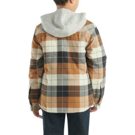 Youth Boys Long Sleeve Flannel Button Down Hooded Shirt Jacket - Carhartt Brown