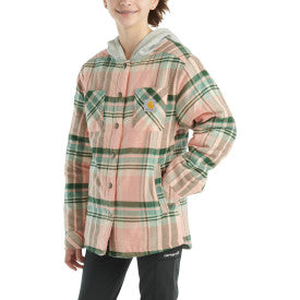 Youth Girls Long Sleeve Flannel Snap Front Hooded Shirt Jacket - Peach Amber