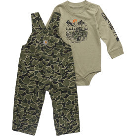 Infant/Toddler Boys Long-Sleeve Bodysuit/T-Shirt and Canvas Camo Overall Set - Green Duck Camo Set
