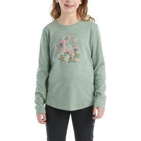 Youth Girls Long Sleeve Floral C T-Shirt - Patina Heather