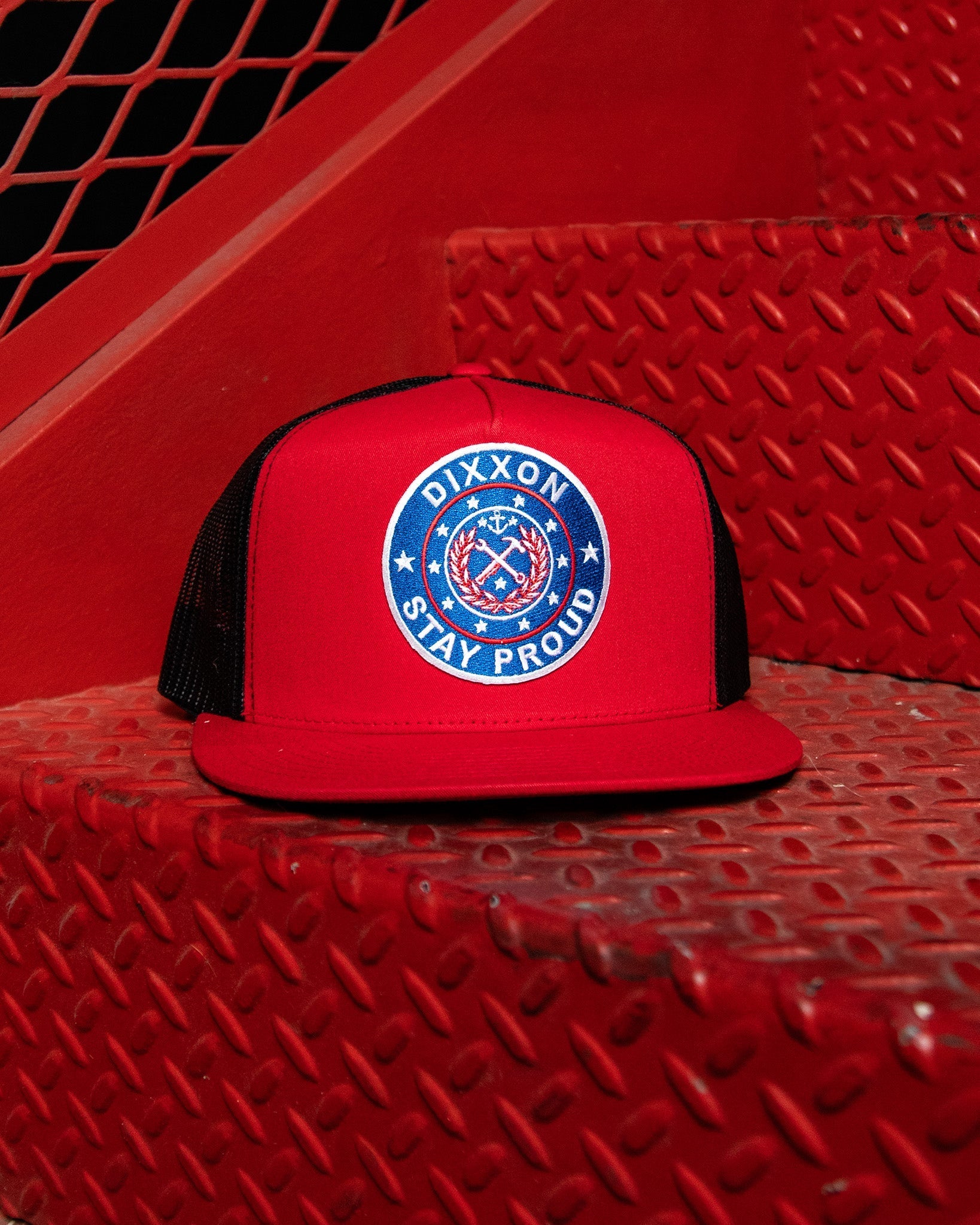 Stay Proud Flat Bill Trucker Snapback, Red & Black