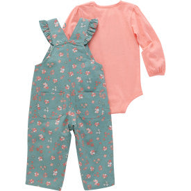 Infant Girls Long Sleeve Body Suit and Ruffle Trim Canvas Overall Set - Patina