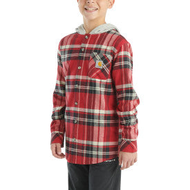 Youth Boys Long Sleeve Flannel Button Front Hooded Shirt - Chili Pepper