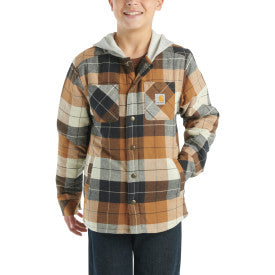 Youth Boys Long Sleeve Flannel Button Down Hooded Shirt Jacket - Carhartt Brown