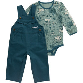 Infant/Toddler Girls Long Sleeve Bodysuit/T-Shirt and Canvas Overall Set - Atlantic Deep
