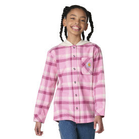 Youth Girls Long-Sleeve Hooded Pocket Flannel Shirt - Cashmere Rose