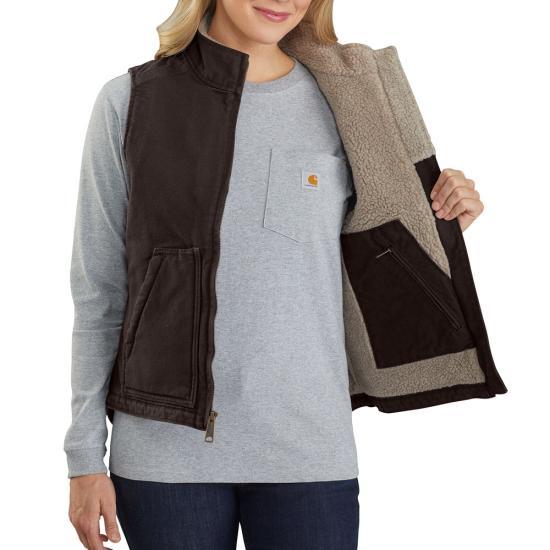 Women's Washed Duck Mock Neck Vest - Sherpa Lined - Dark Brown - Purpose-Built / Home of the Trades